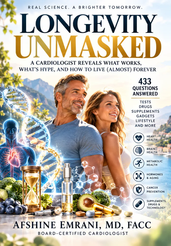 Front cover of Longevity Unmasked by Afshine Emrani, MD, FACC: 433 Questions Answered