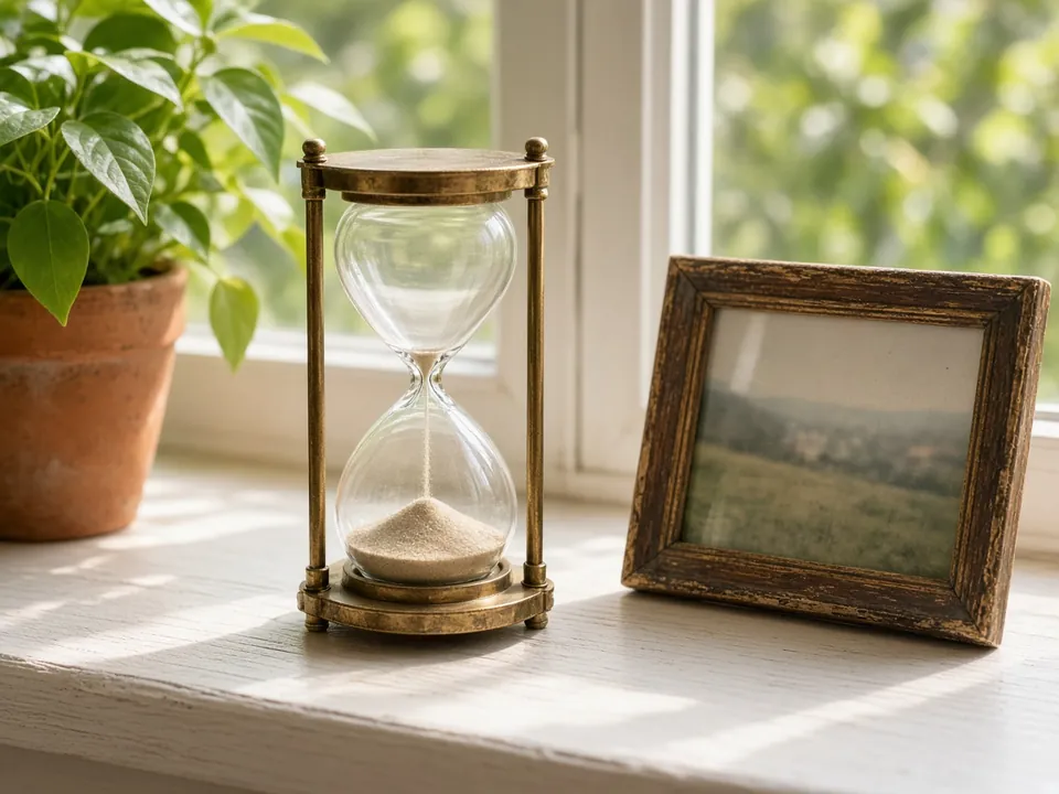 Hourglass and framed landscape on a sunny windowsill