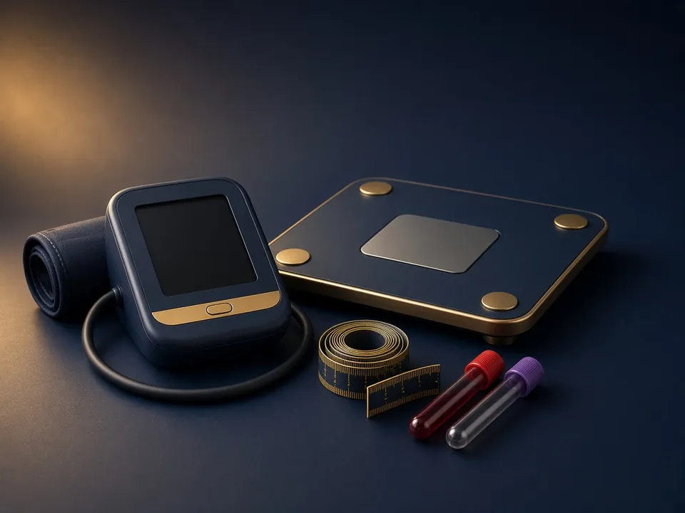 Blood pressure cuff, scale and test tubes on navy
