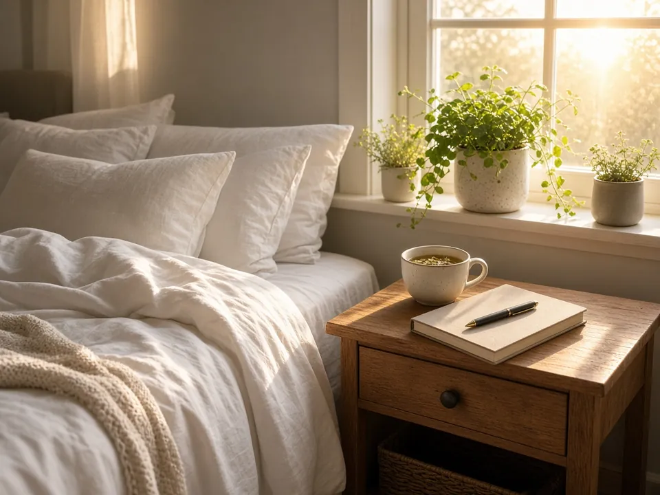 Sunlit bedroom with crisp linens and a bedside journal