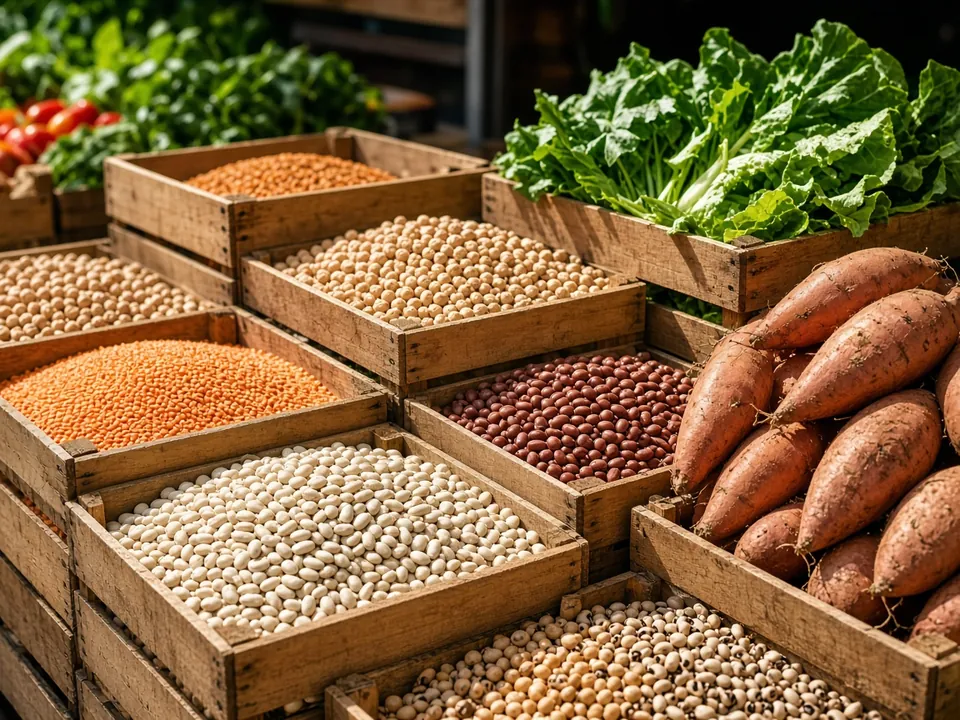 Crates of grains, legumes and sweet potatoes at a market