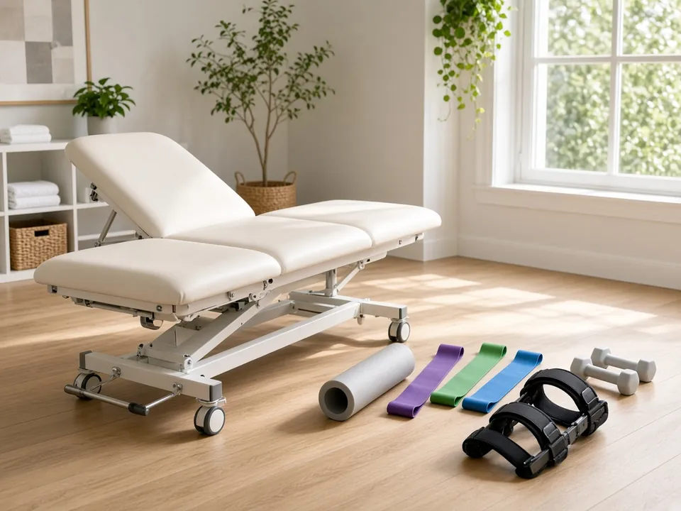 Treatment table, resistance bands and rollers in a bright room