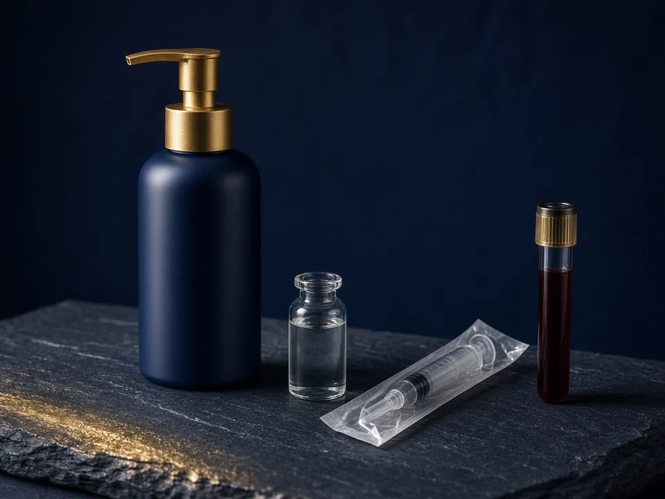 Pump bottle, vial and sealed syringe on navy