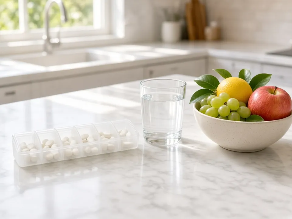 Bright kitchen counter with water glass, pills and fruit