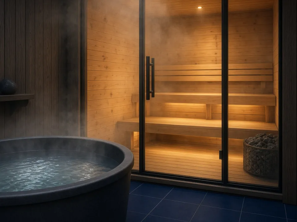 Wooden sauna and cold tub in warm low light