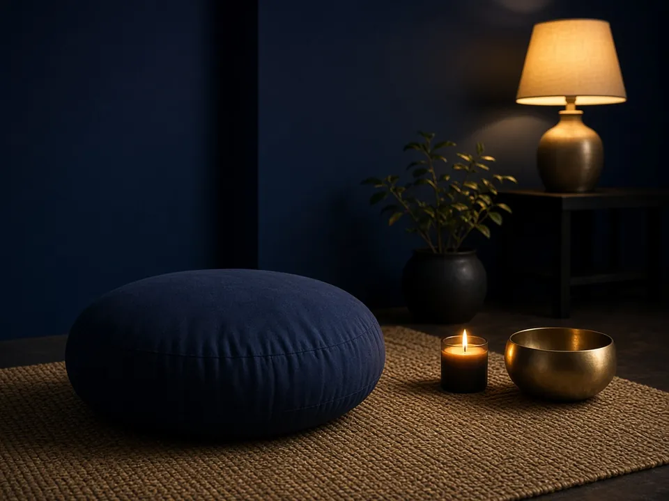 Meditation cushion and candle in a calm navy room
