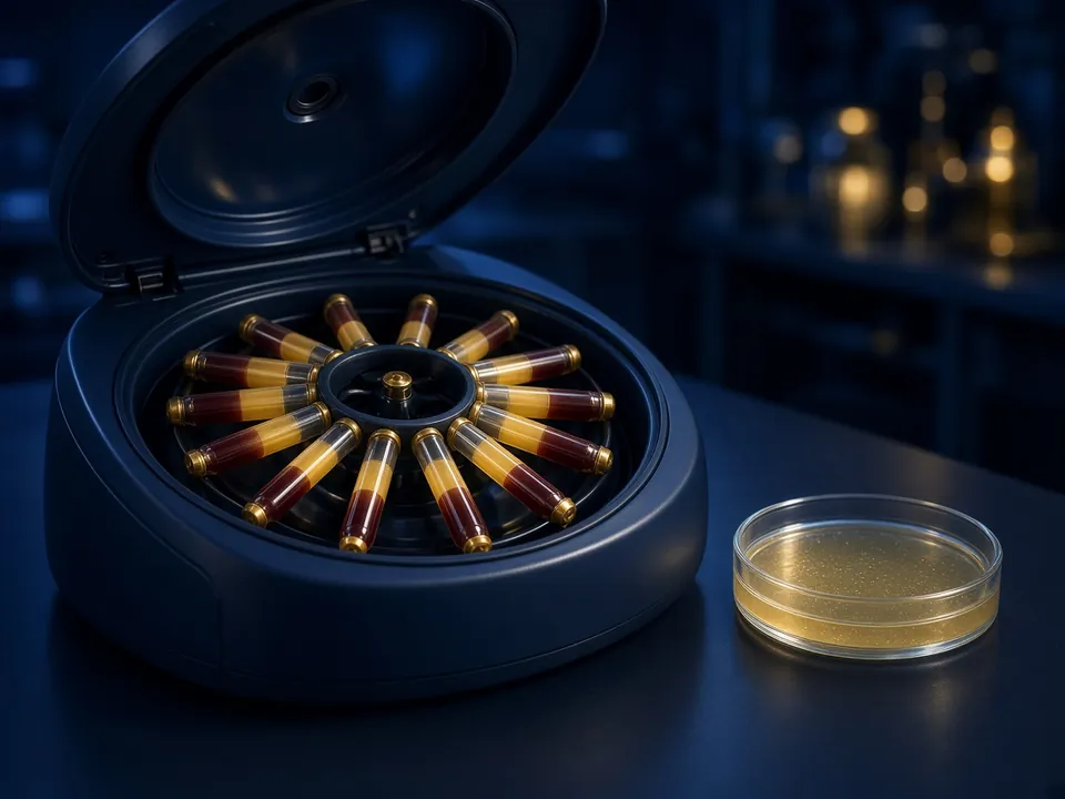 Centrifuge with sample tubes in gold light