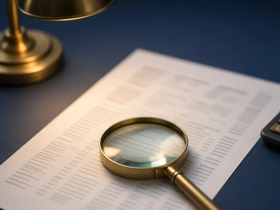 Magnifying glass over paperwork on a navy desk