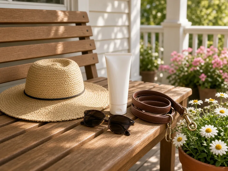 Sun hat, sunscreen and sunglasses on a sunny porch