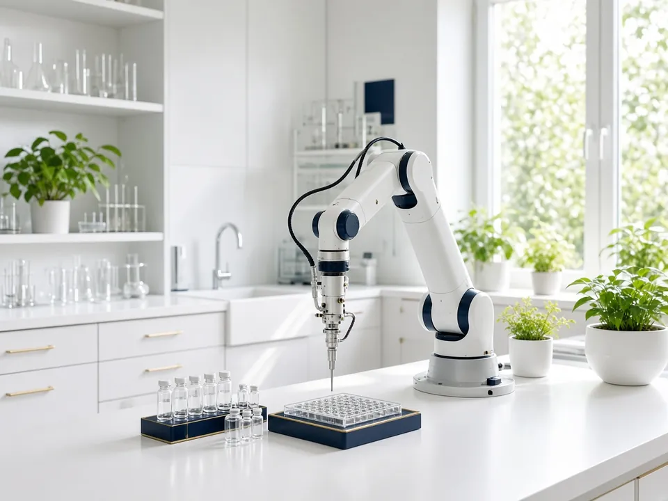 Robotic arm in a bright modern laboratory