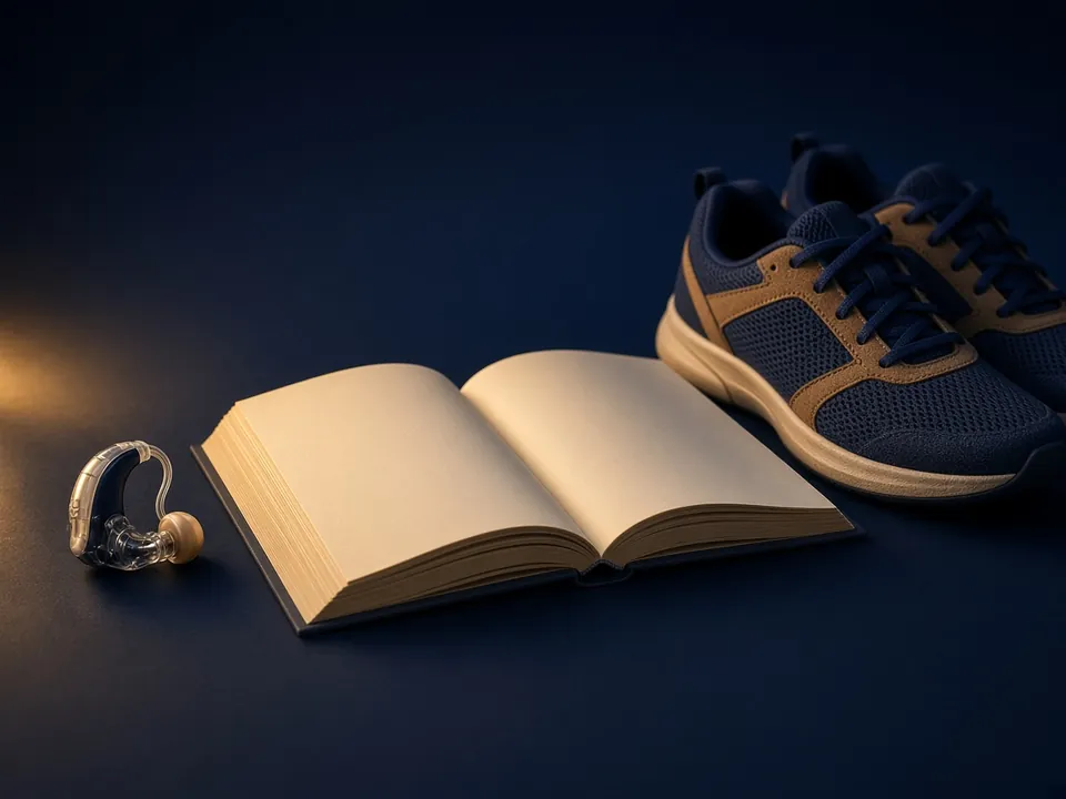 Open book and walking shoes on navy, gold light