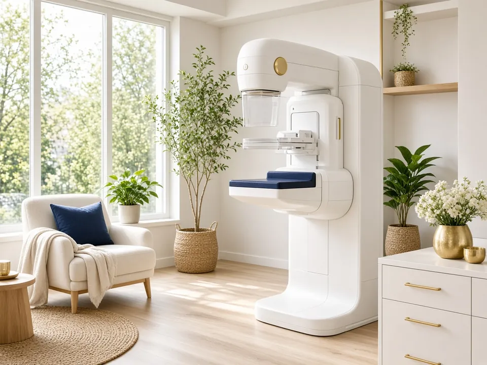 Empty mammography suite in a bright, calm room