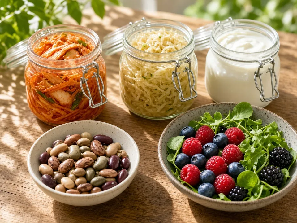 Fermented foods, beans and berries on a sunny table