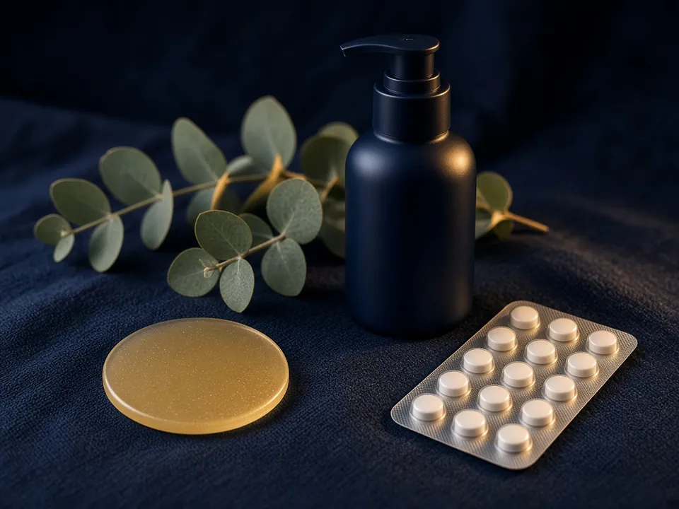Skin patch, pump bottle and blister pack on navy linen