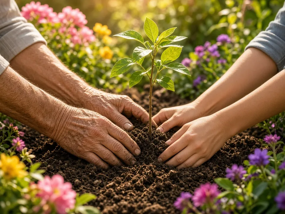 Hands planting seedlings in a sunny flower garden