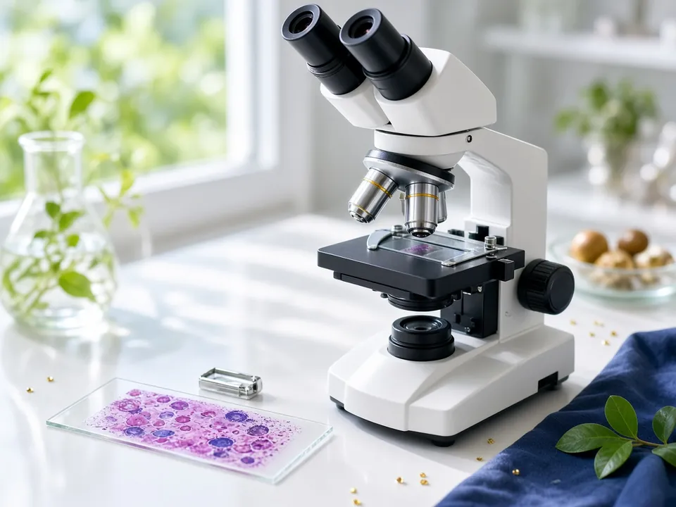 Bright lab microscope with a slide of stained cells, daylight