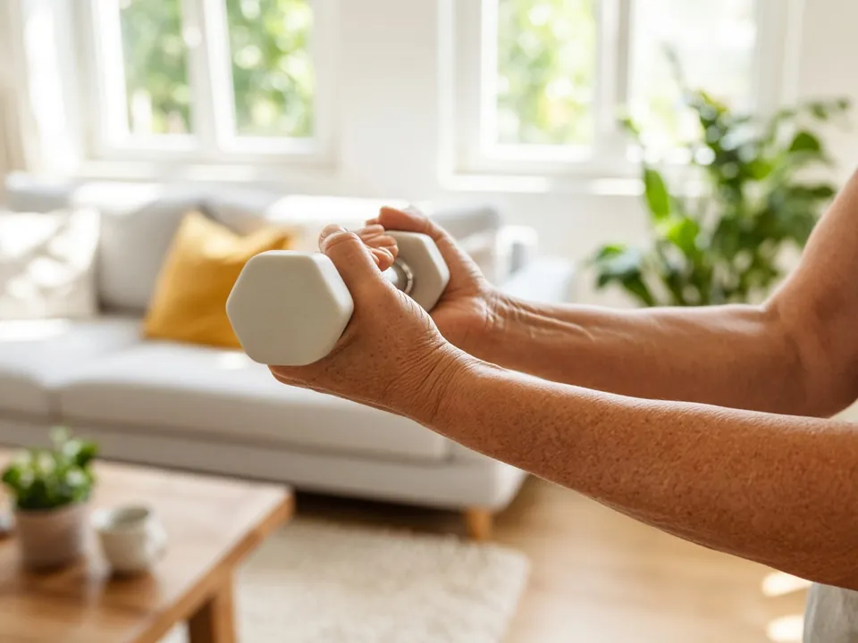 Anonymous older forearms lifting a light dumbbell in a sunny room