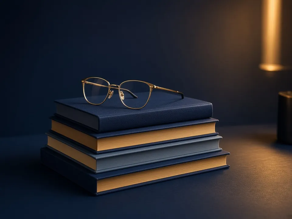 Stack of plain hardcover books with spines and reading glasses on navy desk