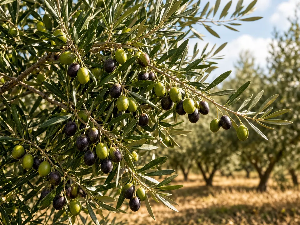 Sunlit olive grove with ripe olives on branches