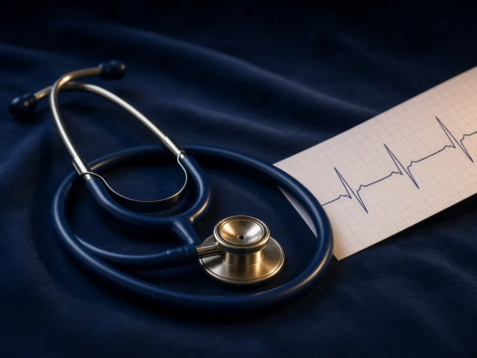 Stethoscope on navy fabric beside an ECG paper strip