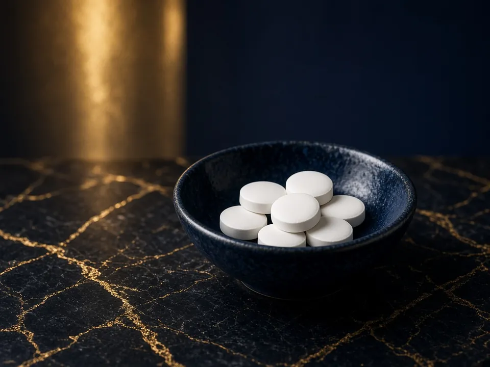 Plain white round tablets in a small navy ceramic dish