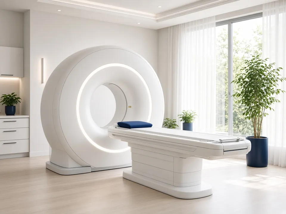 Bright modern CT scanner room in daylight, empty