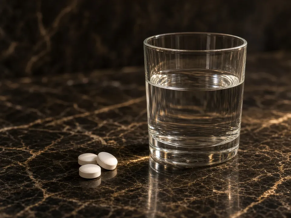 A few small plain tablets and a glass of water on dark marble