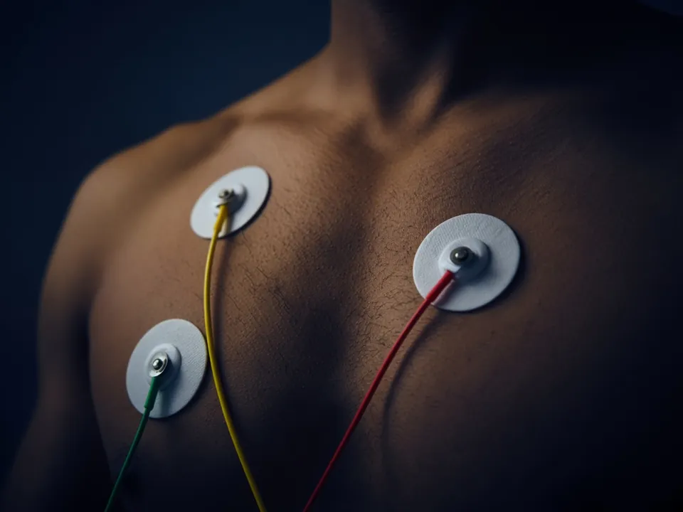 ECG electrodes and wires on an anonymous torso, close crop, no face