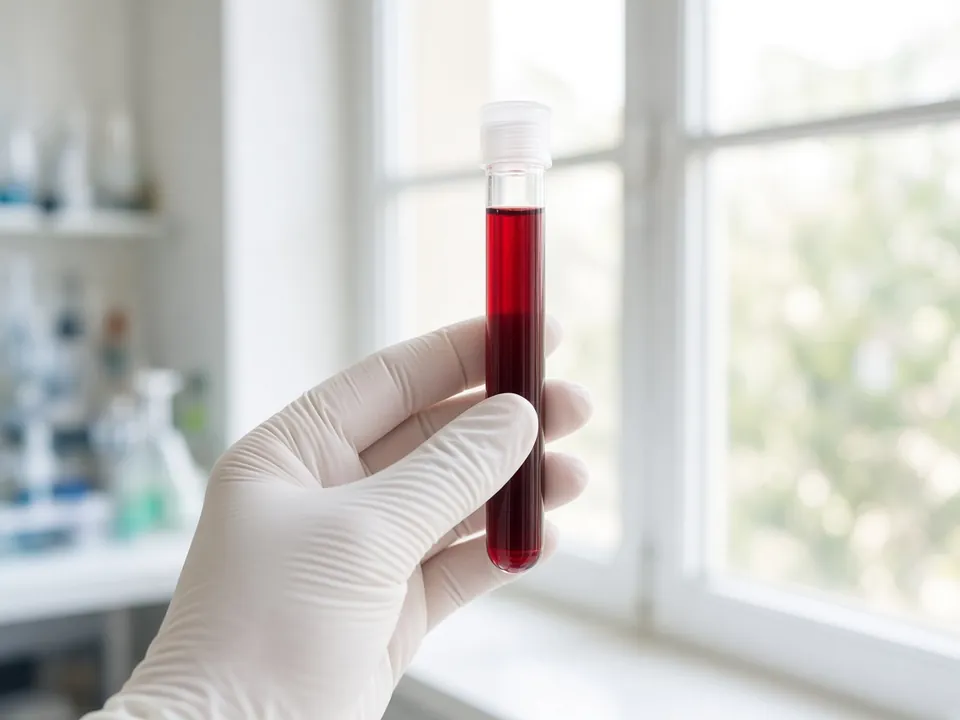 Bright lab: single capped blood tube held in gloved hand by window