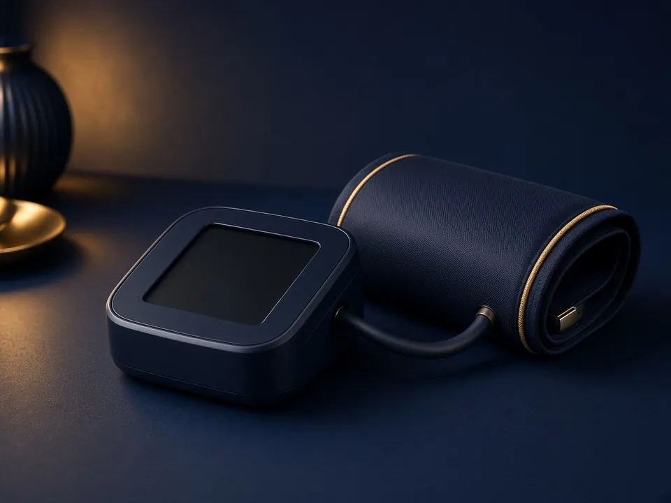Automatic upper-arm blood pressure monitor with screen on navy table