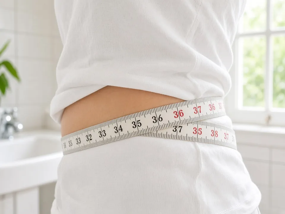 Tape measure around an anonymous waist in a bright bathroom, no face