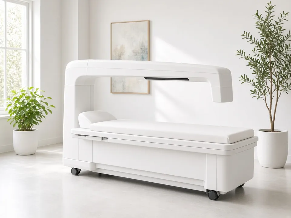 Bright DEXA scanner table in an airy clinic