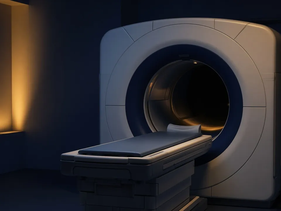 MRI scanner bore in a dim navy room with gold accent light