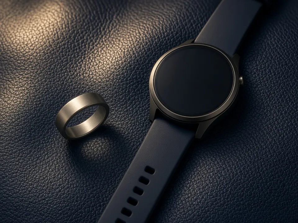 Plain smart ring and watch with dark screens on navy leather