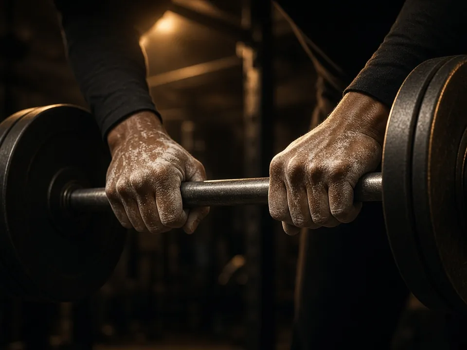 Chalked anonymous hands gripping a barbell, gold rim light