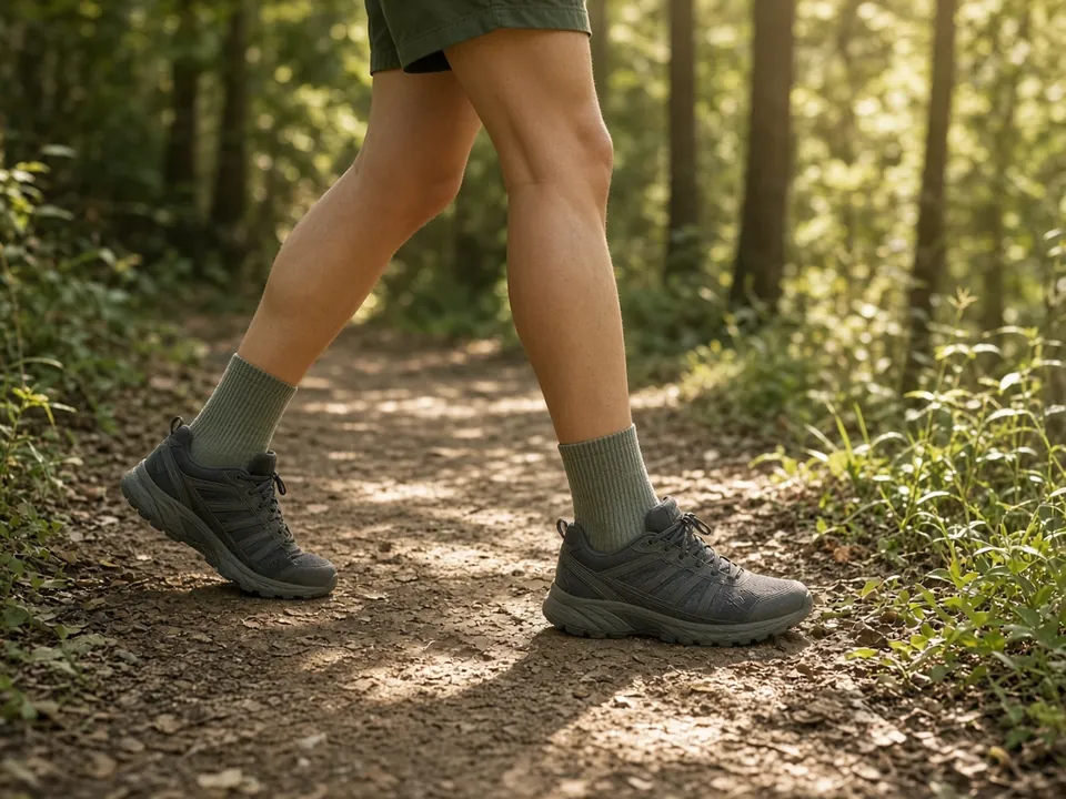 Anonymous legs walking on a sunny forest trail