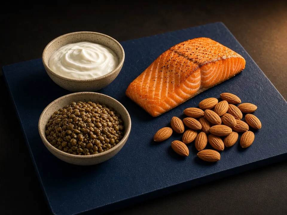 Eggs, Greek yogurt, lentils and fish on a navy board
