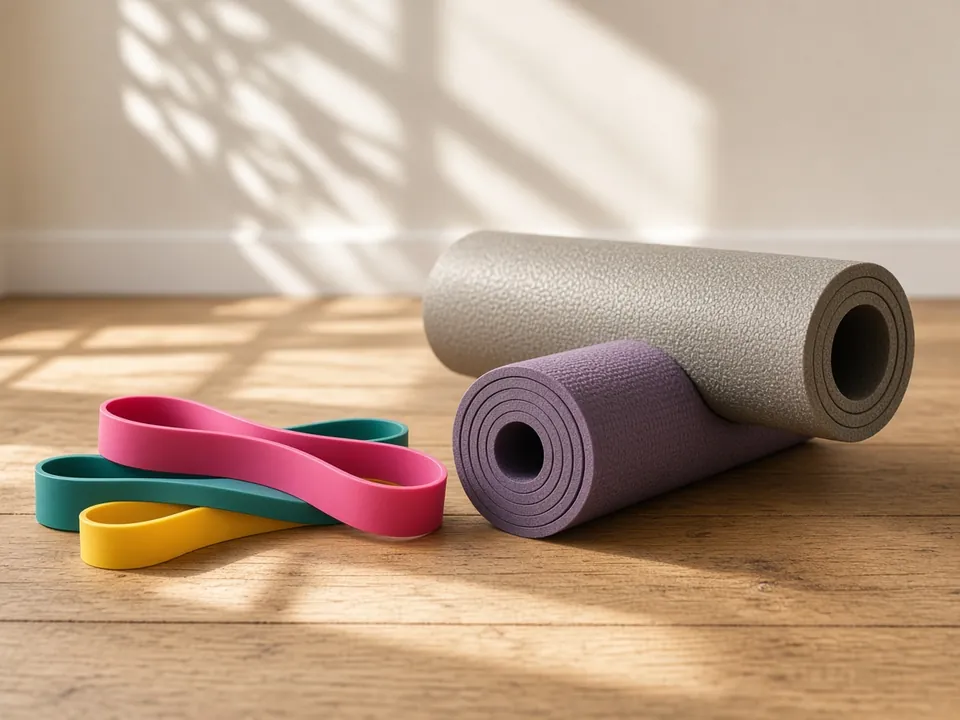 Resistance bands and mat on a sunlit wooden floor