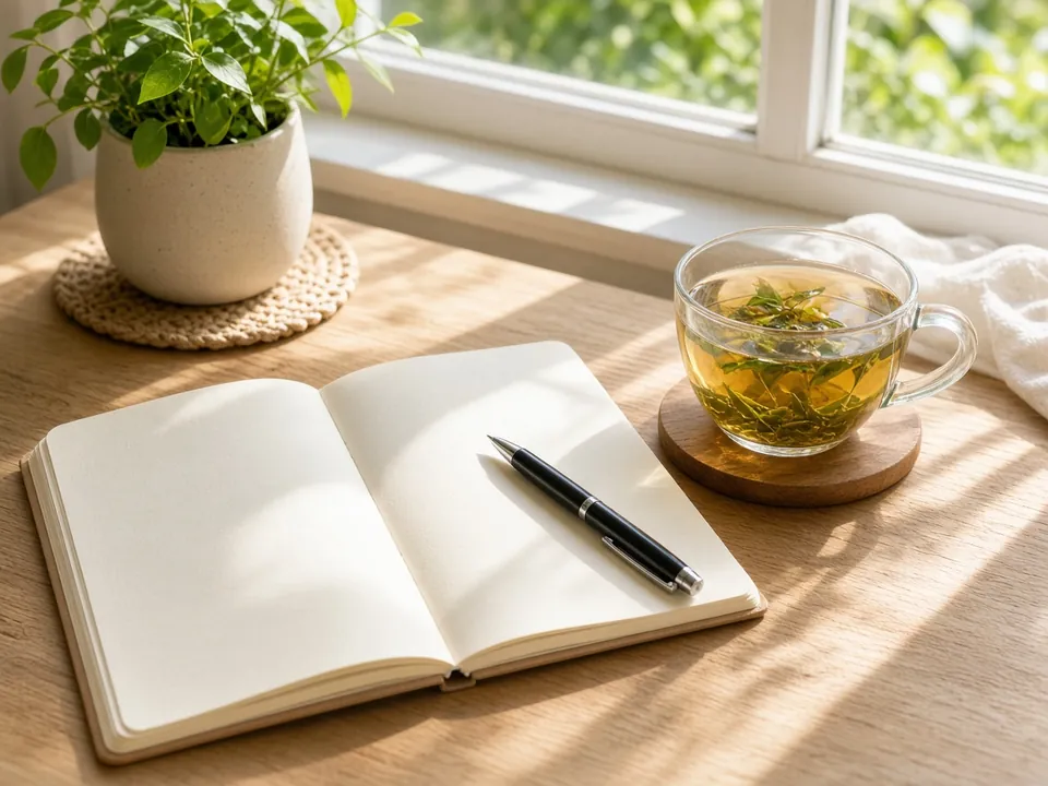 Journal, pen and herbal tea by a sunny window