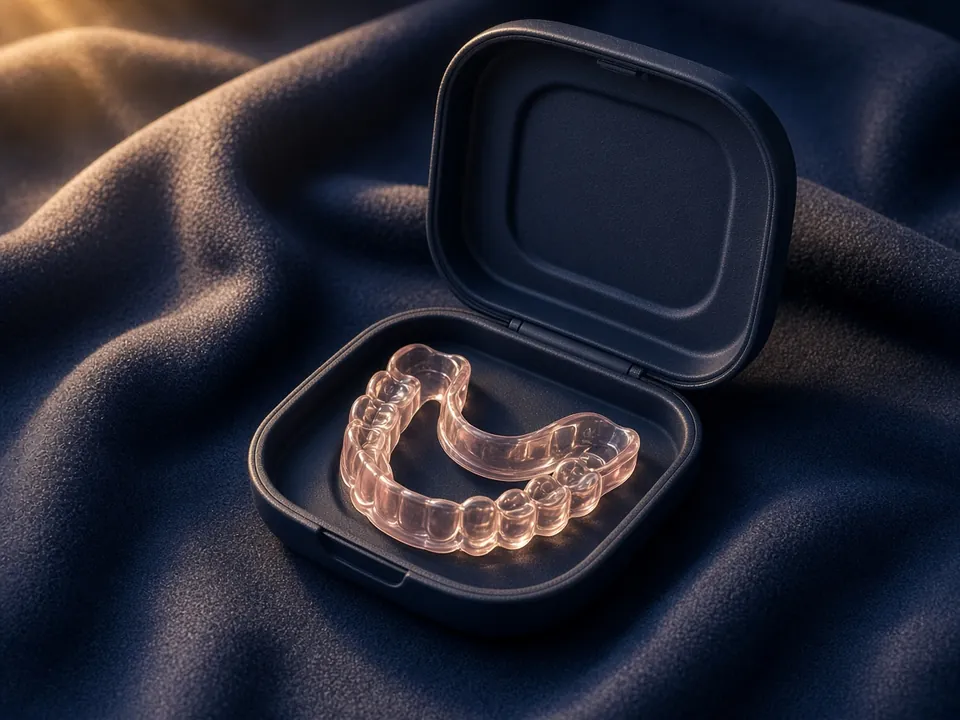 Clear dental oral appliance on navy cloth