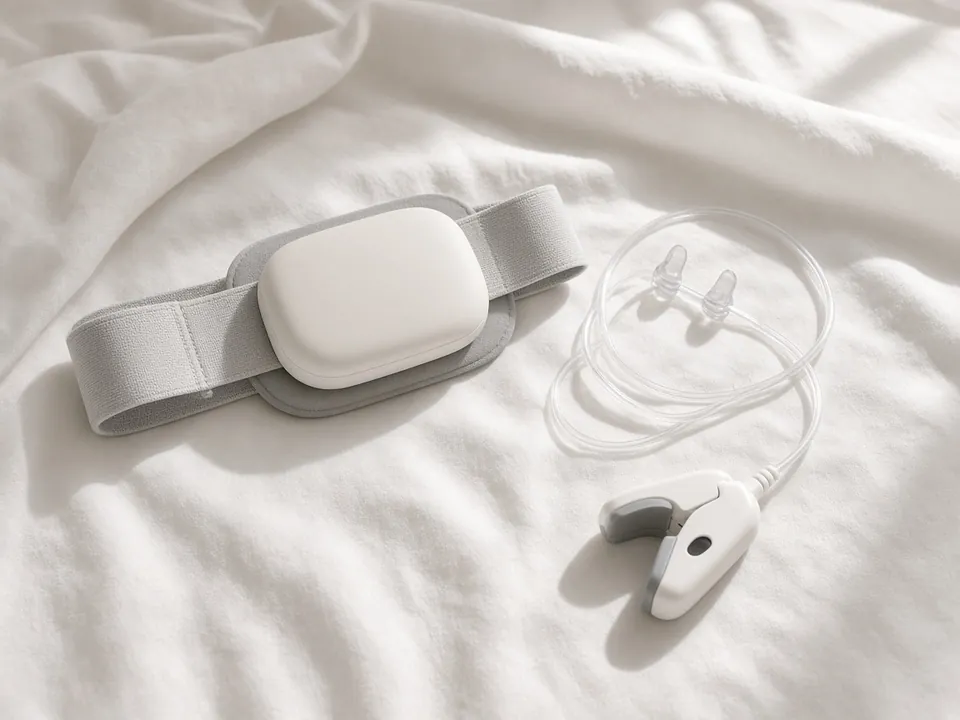 Home sleep-test belt and finger sensor laid on white sheets in daylight