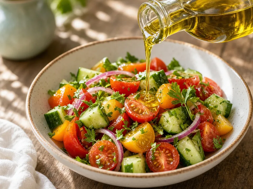 Olive oil poured over salad in daylight