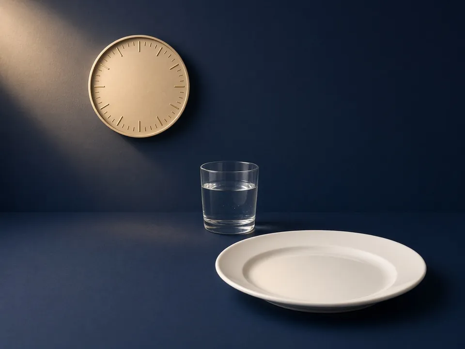 Empty plate, glass of water and an analog clock face on navy
