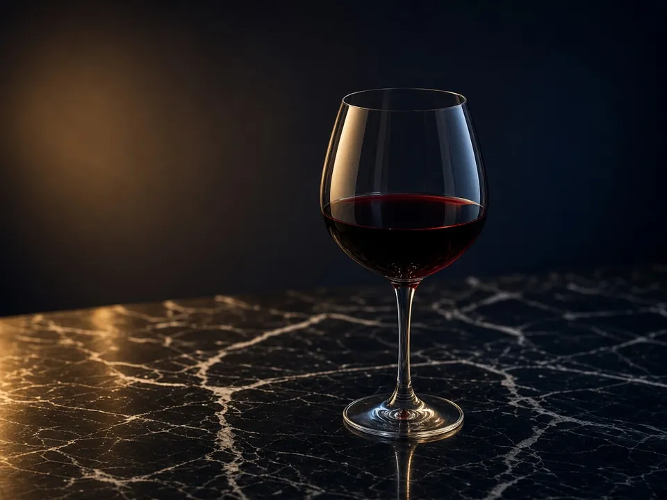 Red wine glass on dark marble with gold light