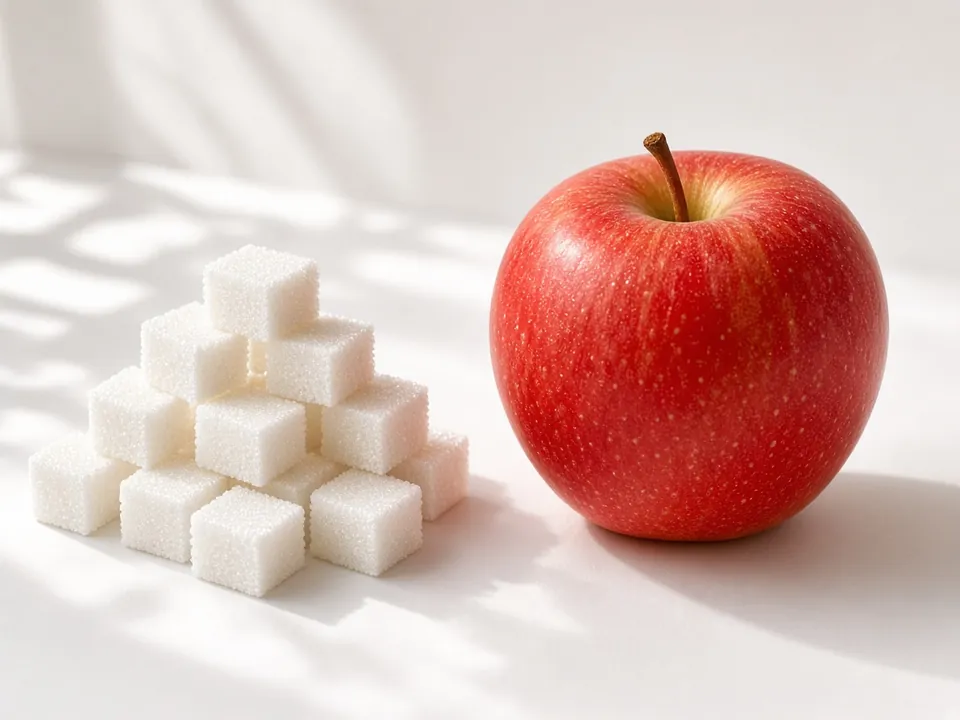 Sugar cubes and a ripe apple side by side in daylight