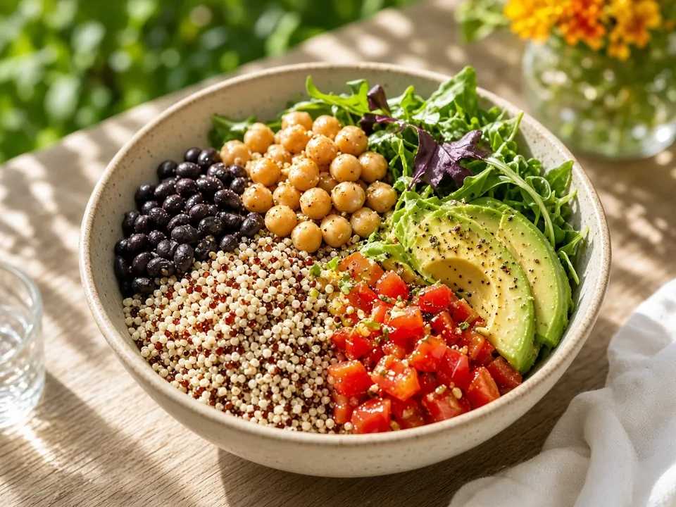 Colorful grain bowl with beans and greens on a sunny table