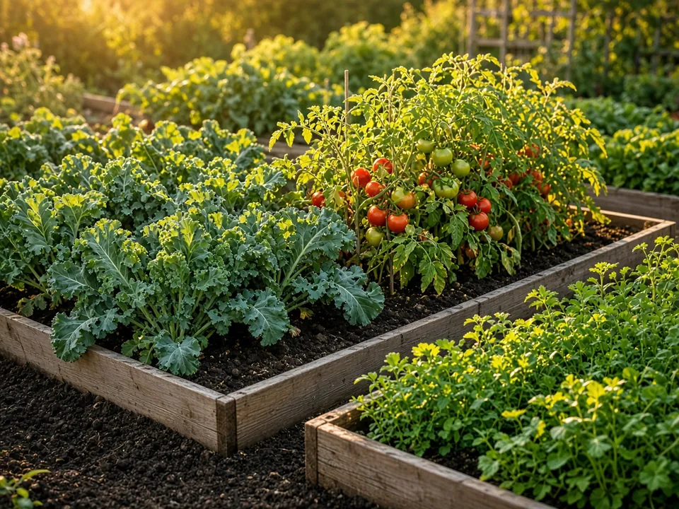 Vegetable garden beds in morning light
