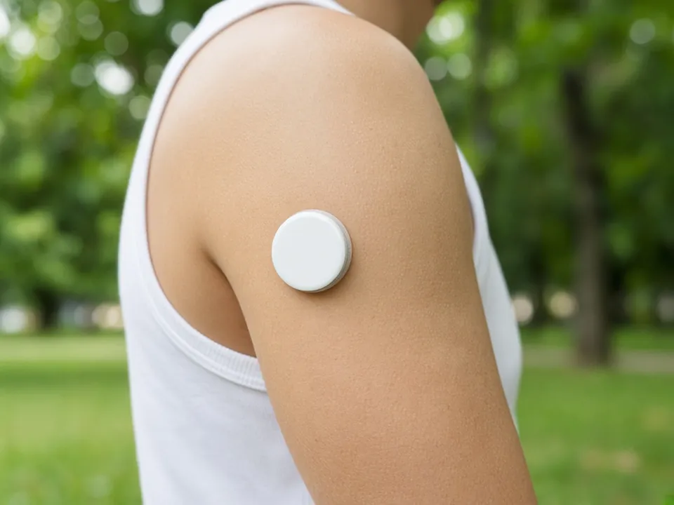 Round glucose sensor on an anonymous upper arm, outdoors in daylight