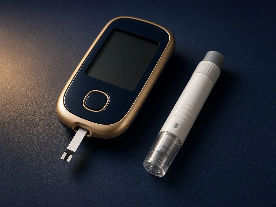 Glucose meter with screen and lancet on navy