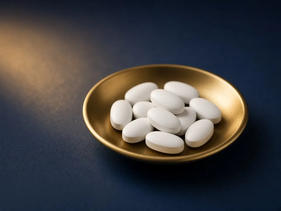Plain oval white tablets in a gold dish